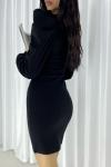 Siyah Kruvaze Yaka Uzun Prenses Kol Mini Elbise