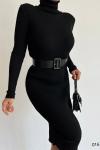 Siyah Kumaş Boğazlı Kemerli Midi Triko Elbise
