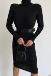 Siyah Kumaş Boğazlı Kemerli Midi Triko Elbise