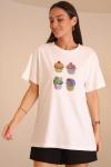 Ekru Renk Cupcake Desenli T-shirt