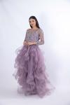 Gül Kurusu Taşlı Transparan Uzun Kol Kat Kat Etek Lila Abiye Elbise