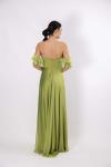 Olive Straplez Drapeli Düşük Kol Şifon Fıstık Yeşili Uzun Abiye Elbise