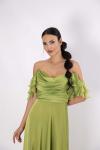 Olive Straplez Drapeli Düşük Kol Şifon Fıstık Yeşili Uzun Abiye Elbise