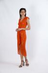 Orange Kalın Askılı Yırtmaçlı Pul Payet Turuncu Midi Abiye Elbise