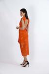 Orange Kalın Askılı Yırtmaçlı Pul Payet Turuncu Midi Abiye Elbise