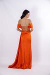 Orange Straplez Düşük Kol Transparan Saten Turuncu Uzun Abiye Elbise