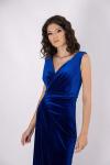 Sax Mavi Kalın Drape Askılı V Yaka Kadife Saks Uzun Abiye Elbise
