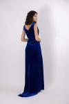 Sax Mavi Kalın Drape Askılı V Yaka Kadife Saks Uzun Abiye Elbise