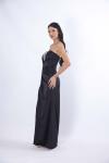 Siyah Straplez Göğsü Taşlı Yırtmaçlı Saten Uzun Abiye Elbise