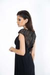 Siyah Transparan Taş İşleme Detaylı Drapeli Uzun Abiye Elbise