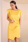 Safran Geniş Yakalı Yanları Düğmeli Sarı Midi Elbise