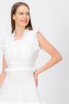 Beyaz Ekru Fırfır Detaylı Pamuk Brode Midi Elbise