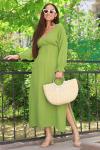 Yeşil Renk V Yakalı Uzun Elbise