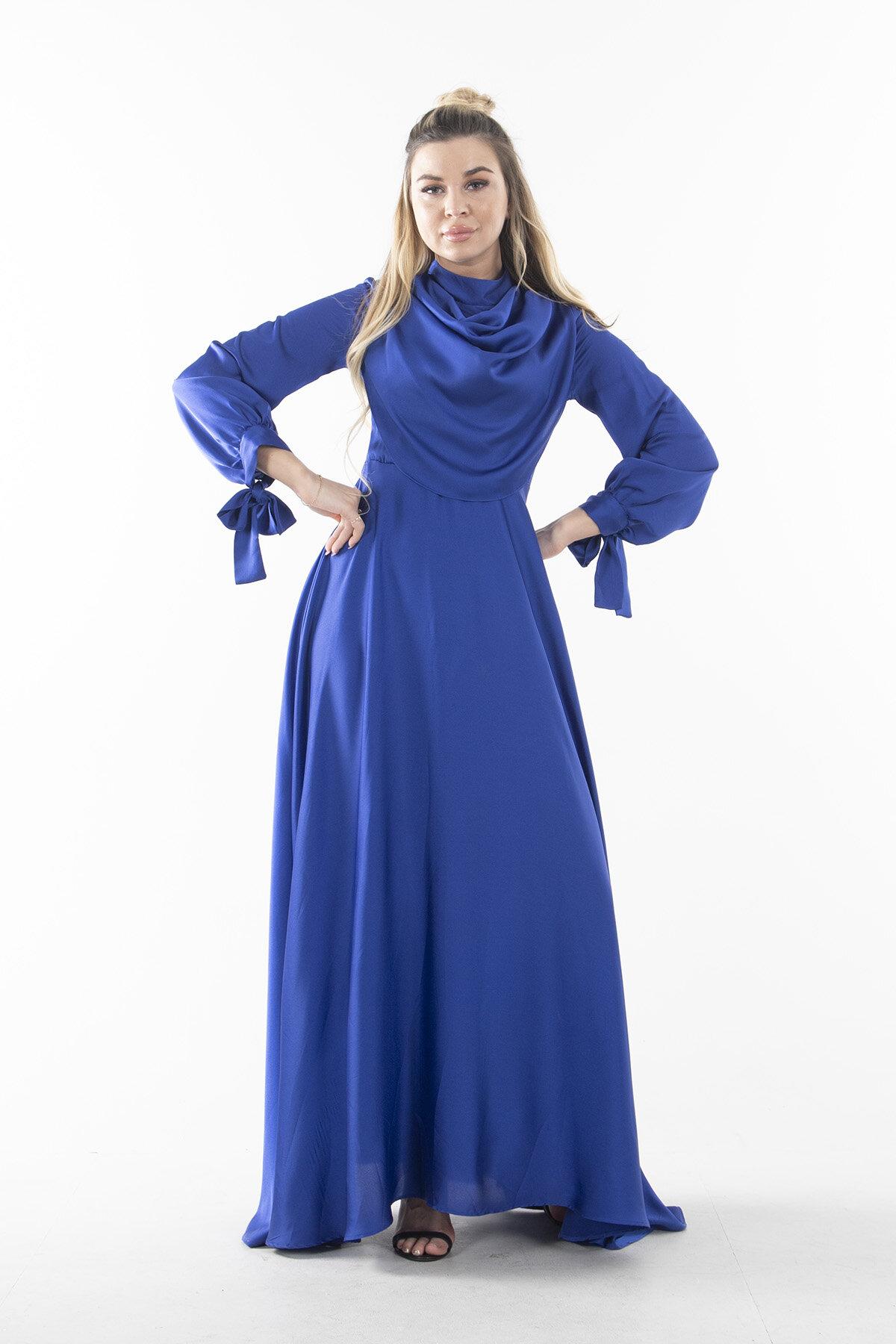 Ardanewline Saks Uzun Kol Önü Dökümlü Kloş Abiye Elbise
