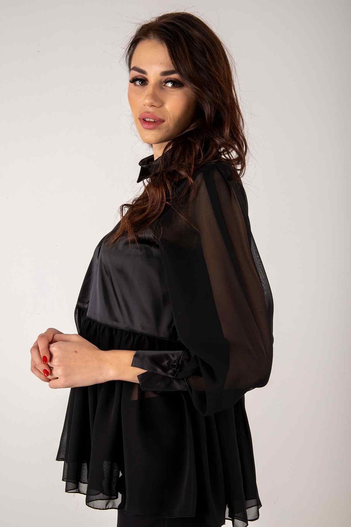 Ardanewline Siyah Transparan Kol Detaylı Bluz
