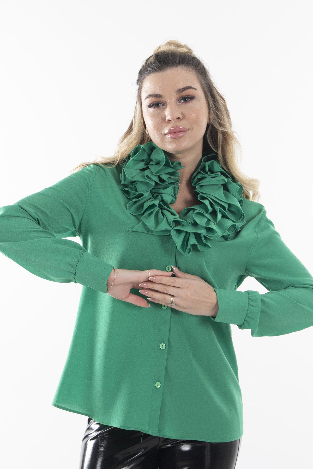 Ardanewline Yeşil Uzun Kol Yakası Volanlı Bluz