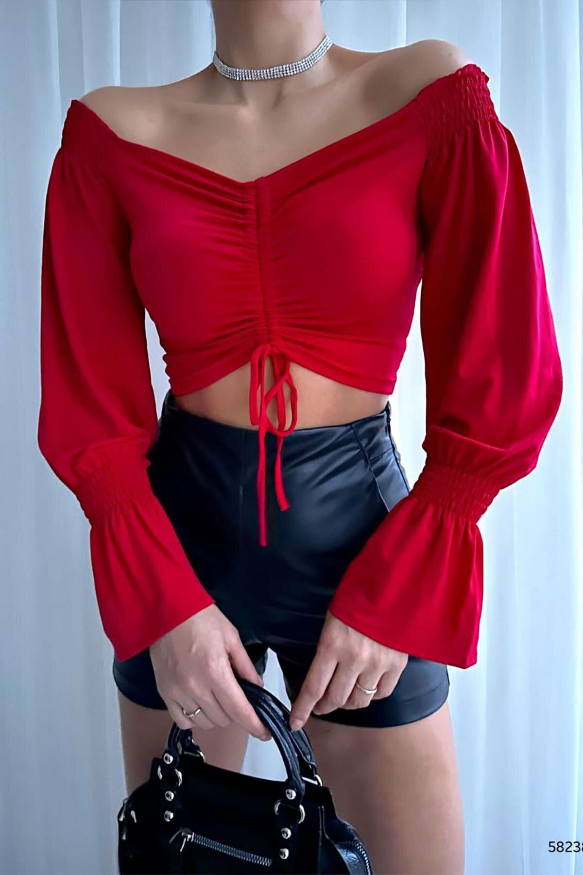 Deafox Kırmızı Ön Büzgü Detay Uzun Kol Sandy Kumaş Bluz