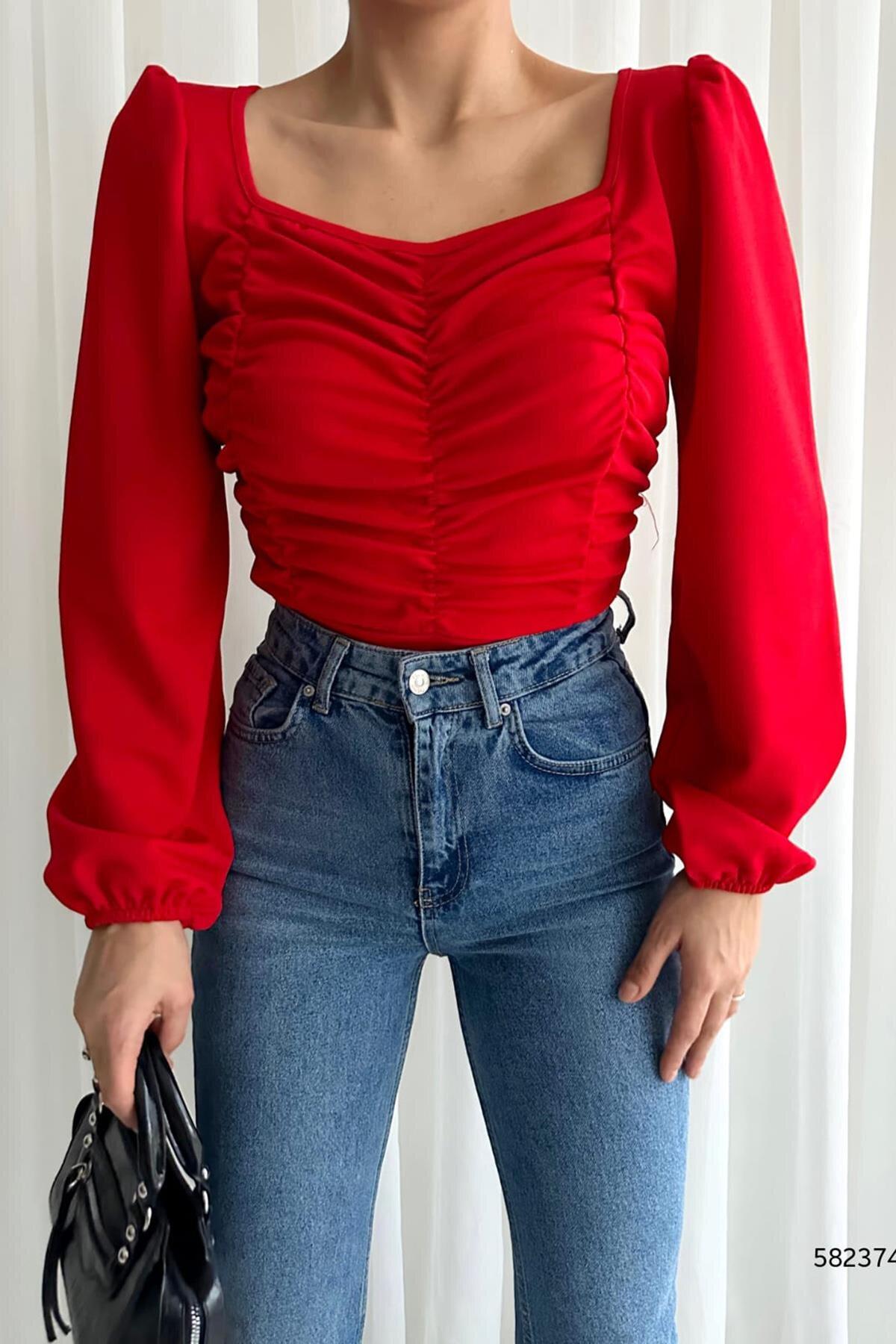 Deafox Kırmızı Ön Drape Detay Krep Kumaş Uzun Kol Bluz