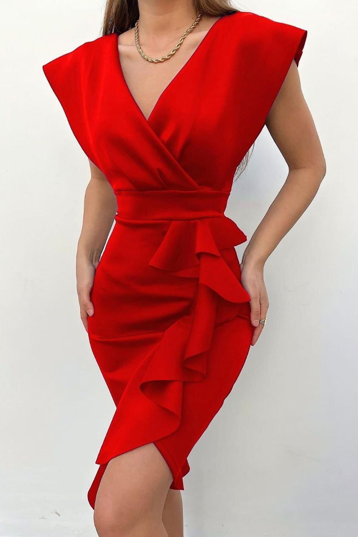 Deafox Kırmızı Scuba Kumaş Omuz Düşük Volanlı Midi Elbise