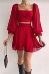 Kızıl Bel Detaylı Şifon Kırmızı Mini Abiye Elbise