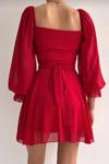 Kızıl Bel Detaylı Şifon Kırmızı Mini Abiye Elbise