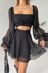 Siyah Bel Detaylı Şifon Mini Abiye Elbise