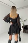 Siyah Bel Detaylı Şifon Mini Elbise