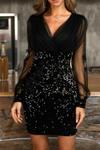 Siyah Pullu Kadife Kruvaze Trend Mini Abiye Elbise
