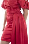 Askılı Kırmızı Drape Detaylı Saten Mini Abiye Elbise