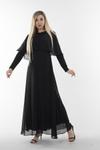 Siyah Uzun Kol Simli Üzeri Şifon Abiye Elbise