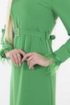 Yeşil Uzun Kol Tüy Detaylı Elbise