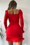 Kırmızı Kolları Kare Yaka Bağcık Ve Dantel Detay Mini Tül Abiye Elbise
