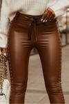 Koyu Kahverengi Beli Kuşaklı Yırtmaç Detay Deri Tayt Pantolon