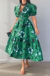 Yeşil Çiçek Baskılı Kemer Dahil Ön Düğmeli Poplin Uzun Elbise