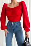 Kırmızı Ön Drape Detay Krep Kumaş Uzun Kol Bluz