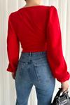 Kırmızı Ön Drape Detay Krep Kumaş Uzun Kol Bluz