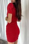 Kırmızı Prenses Kol Kruvaze Yaka Mini Simli Krep Kumaş Elbise