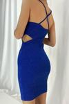 Saks Mavisi İnce Askılı Bel Dekolte Detay Krep Kumaş Sırtı Çapraz Simli Mini Abiye Elbise