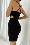 Siyah İnce Askılı Bel Dekolte Detay Krep Kumaş Sırtı Çapraz Simli Mini Abiye Elbise