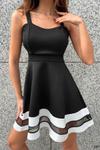 Siyah Kalın Askılı Kalp Yaka Scuba Kumaş Etek Ucu Detay Mini Tül Elbise
