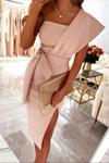 Tek Omuzlu Pudra Esnek Scuba Kumaş Kuşaklı Midi Elbise Abiye