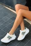 Beyaz Cıon Cilt Yeşil Şeritli Bağcıklı Spor Ayakkabı
