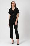 Siyah Kemer Detaylı Gömlek Yaka Bluz Beli Lastikli Havuç Pantolon Aerobin Takım