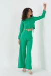Yeşil Uzun Kollu Crop Gömlek Ve Bol Paça Yırtmaçlı Pantolon Takım