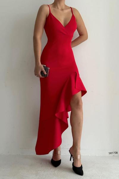 Kırmızı İnce Askılı Etek Ucu Asimetrik Volanlı Scuba Kumaş Uzun Abiye Elbise