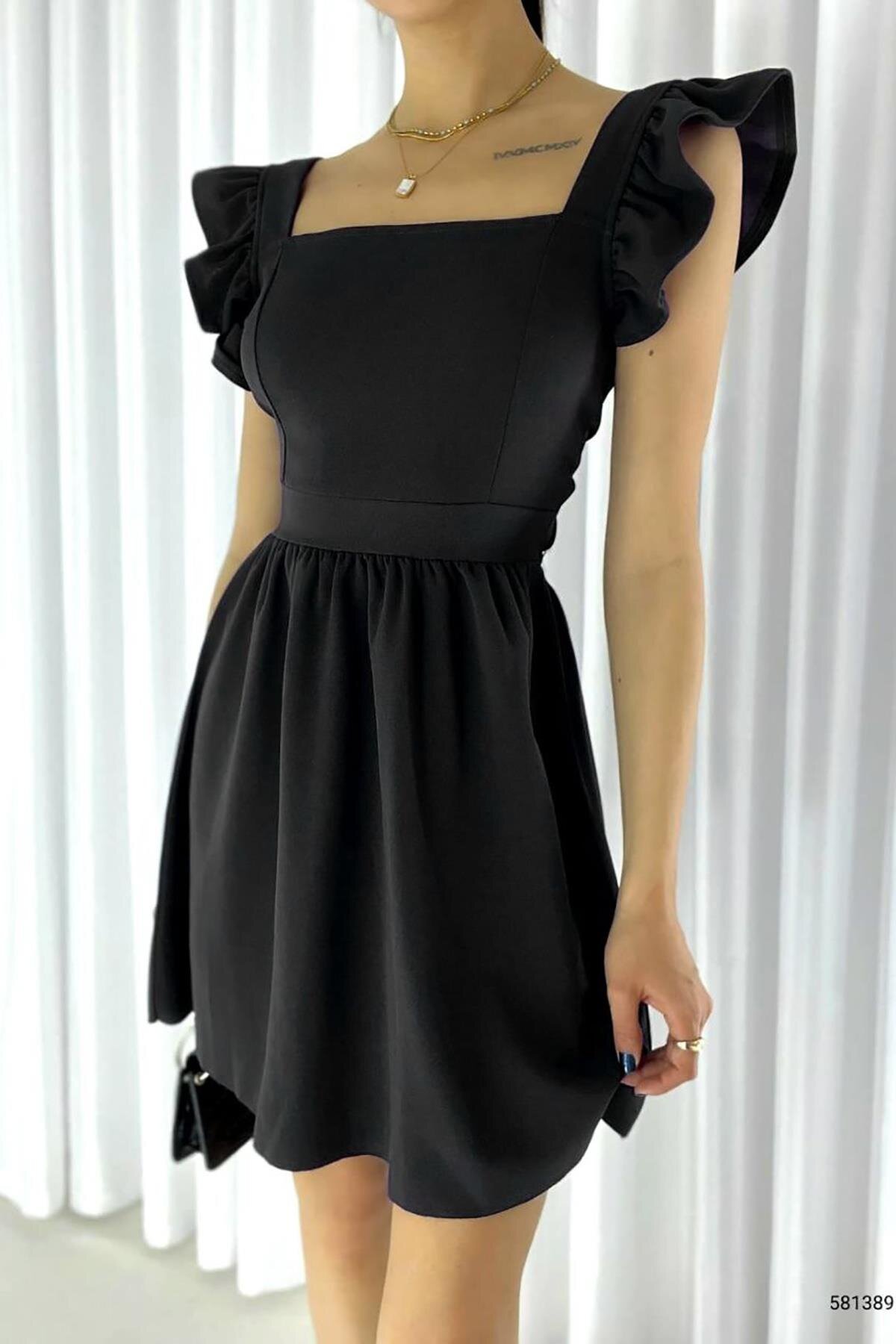 Deafox Siyah Omuz Volanlı Sırt Bağlama Detay İthal Krep Kumaş Mini Elbise