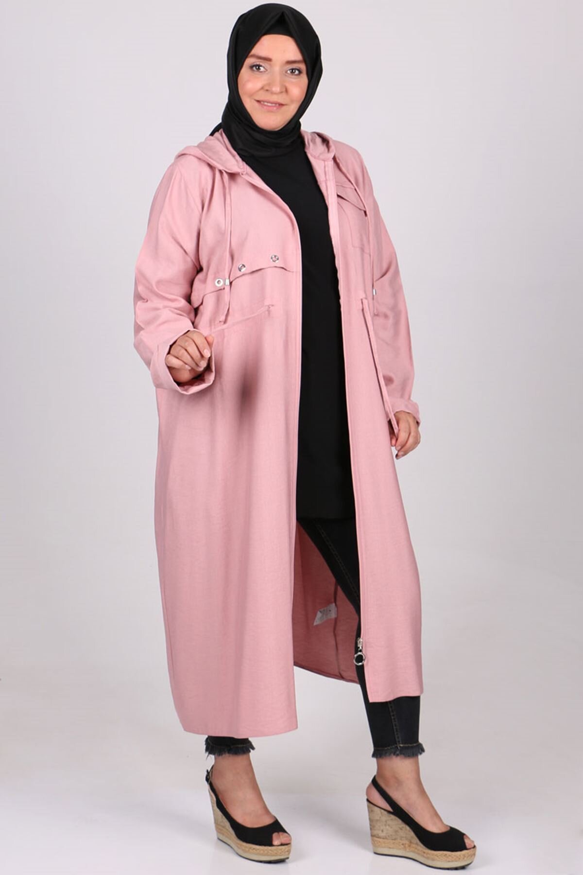 Pudra Büyük Beden Kapüşonlu Rayon Keten Kap - Moda Rosa