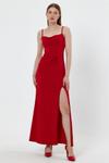 Askılı Kırmızı Derin Yırtmaçlı Trend Uzun Abiye Elbise