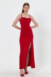 Askılı Kırmızı Derin Yırtmaçlı Trend Uzun Abiye Elbise