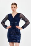 Lacivert Pullu Kadife Kruvaze Özel Günler Trend Mini Abiye Elbise